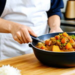 A modest home cook, fully clothed in a professional apron, meticulously chopping fresh onions and carrots on a wooden cutting board in a brightly lit, modern kitchen. A large pot of rich, golden-brown Japanese curry simmers gently on the stovetop in the background, with steam subtly rising. Fresh, well-formed vegetables are neatly arranged on the counter. The scene conveys culinary precision and a warm atmosphere. The person has perfect anatomy, correct proportions, and a natural pose with well-formed hands and proper finger count. safe for work, appropriate content, fully clothed, family-friendly, high-quality photography, ultra-detailed, professional food preparation.
