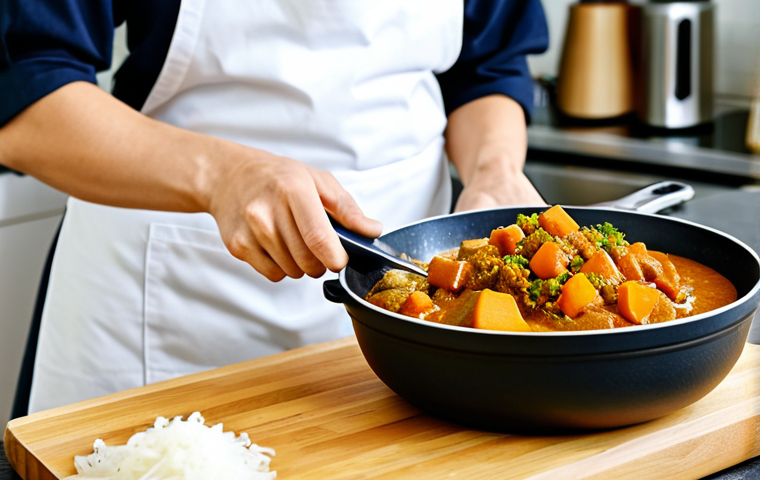 A modest home cook, fully clothed in a professional apron, meticulously chopping fresh onions and carrots on a wooden cutting board in a brightly lit, modern kitchen. A large pot of rich, golden-brown Japanese curry simmers gently on the stovetop in the background, with steam subtly rising. Fresh, well-formed vegetables are neatly arranged on the counter. The scene conveys culinary precision and a warm atmosphere. The person has perfect anatomy, correct proportions, and a natural pose with well-formed hands and proper finger count. safe for work, appropriate content, fully clothed, family-friendly, high-quality photography, ultra-detailed, professional food preparation.